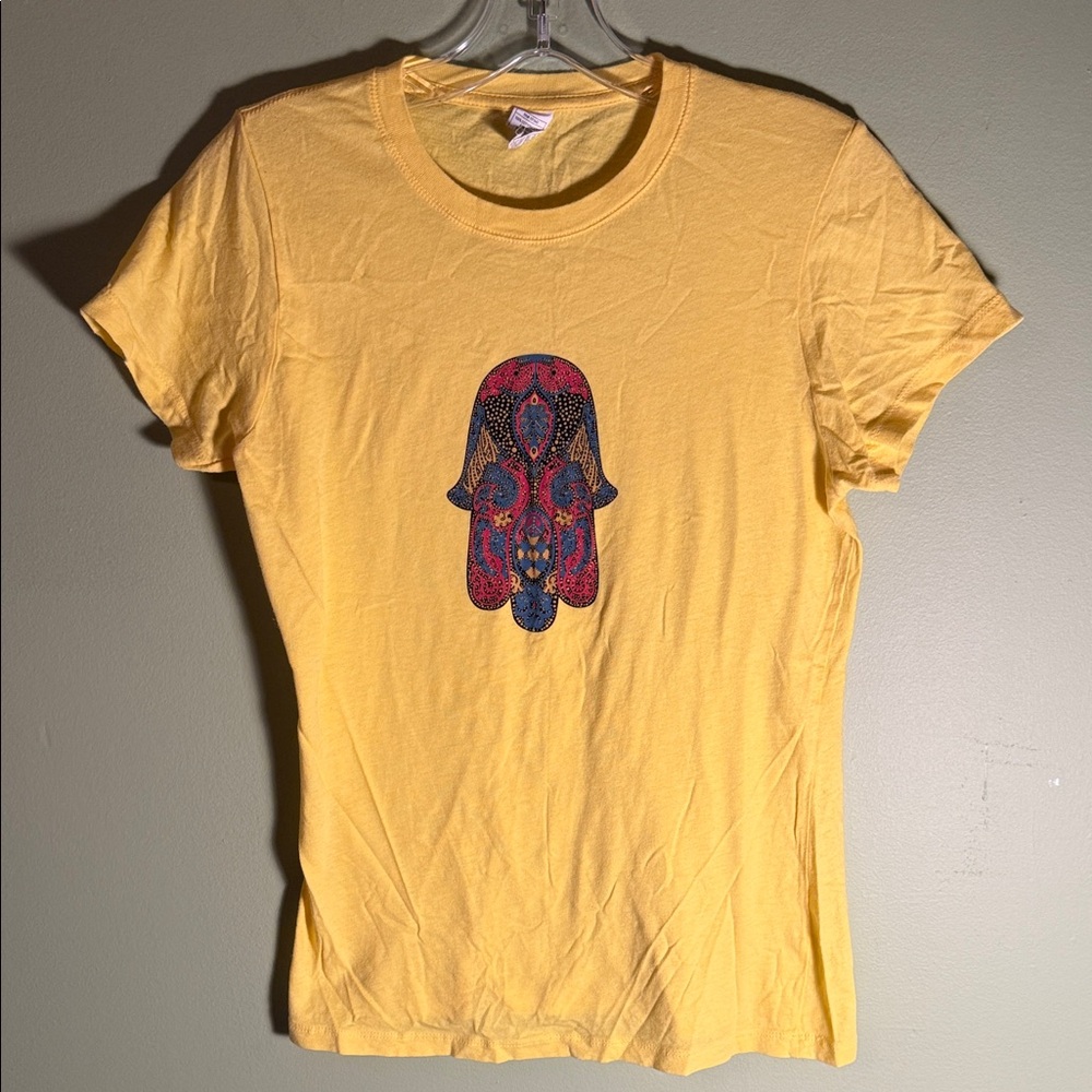 Women's Yellow Short Sleeve Tee with Decorative Hamsa Motif